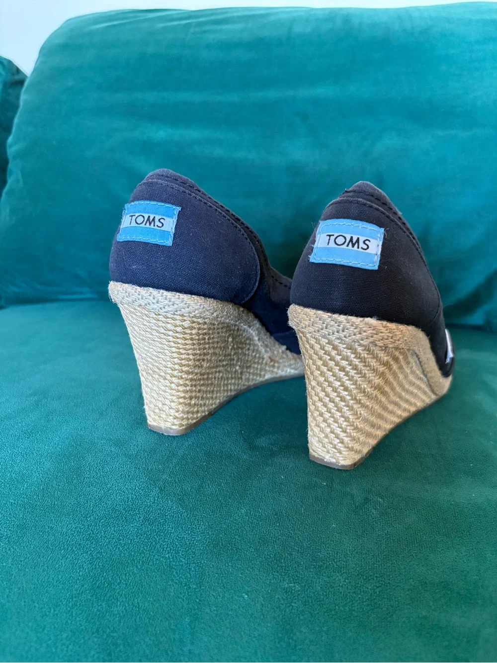 TOMS Black Canvas Espadrille Wedge Peep-Toe Slip-On